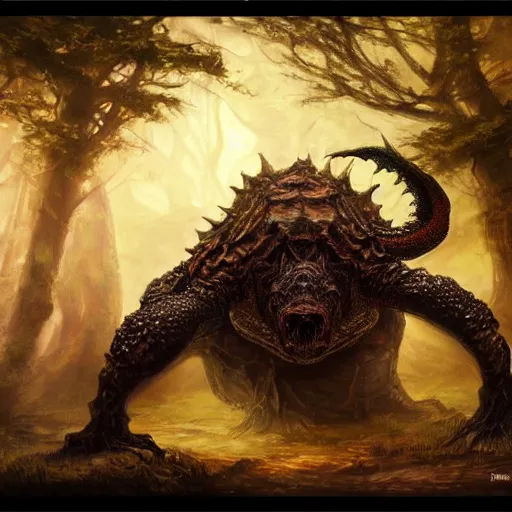 Image similar to oil painting of dragon forest, dnd character, fantasy, realistic textured skin, big snapping turtle head, glowing eyes, sharp focus, artgem, boris valejo, frank frazetta, heavy metal style, trending on artstation, digital painting, julie bell, beautiful, very detailed,