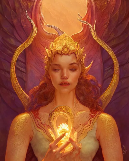 Prompt: smaug the dragon with soul stone in fore head, highly detailed, gold filigree, romantic storybook fantasy, soft cinematic lighting, award, disney concept art watercolor illustration by mandy jurgens and alphonse mucha and alena aenami, pastel color palette, featured on artstation