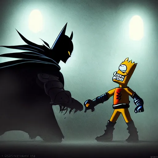 Image similar to dark knight fighting Bart Simpson, high fantasy painting, realistic, rule of thirds, cinematic, dramatic lighting, 8K