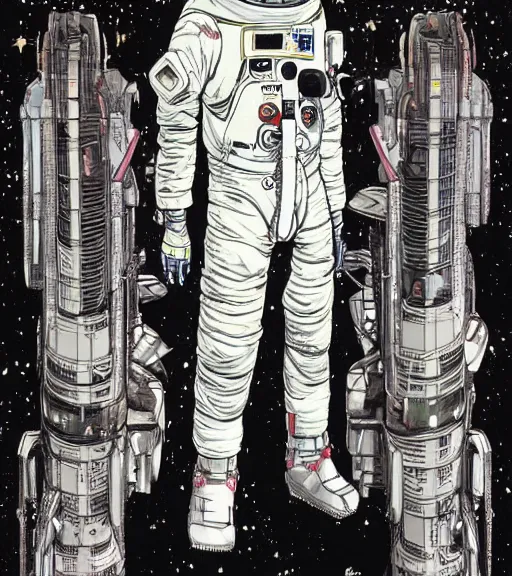 Image similar to cyberpunk japanese astronaut with long limbs and a black spacesuit on a spacewalk outside of their ship, techwear, Industrial Scifi, detailed illustration, character portrait, by Martin Grip and Moebius