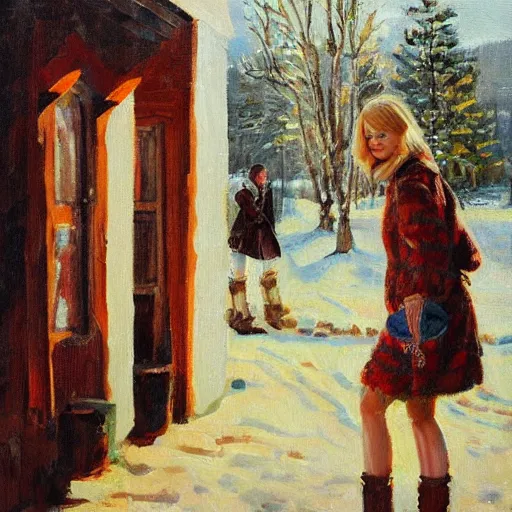 Image similar to emma stone in boots walking to outdoor toilet, russian depression, chthonic, by shulzhenko, nikolay kopeykin, lozhkin, vdovenko, oil painting art