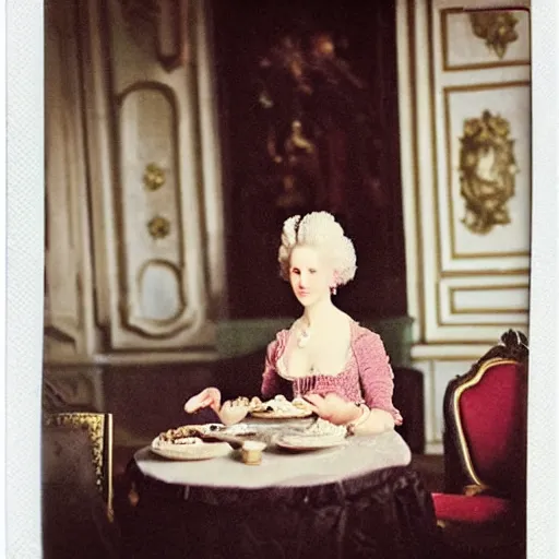 Image similar to a Polaroid of Marie Antoinette eating cake at the Versailles palace in 1792