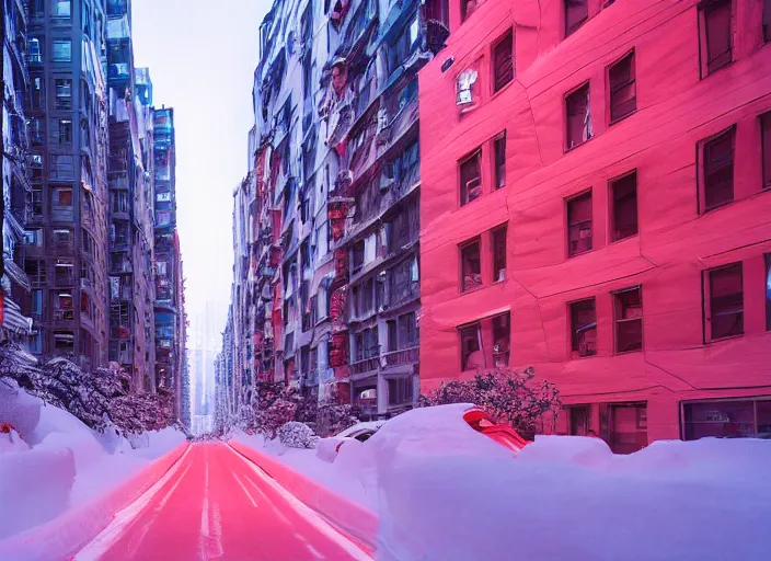 Image similar to a city street covered with snow, winter, dusk, futuristic city, robots populate the street, futuristic cars, extremely detailed, sharp focus, rule of thirds, award winning photography. photo by victor enrich, liam wong.