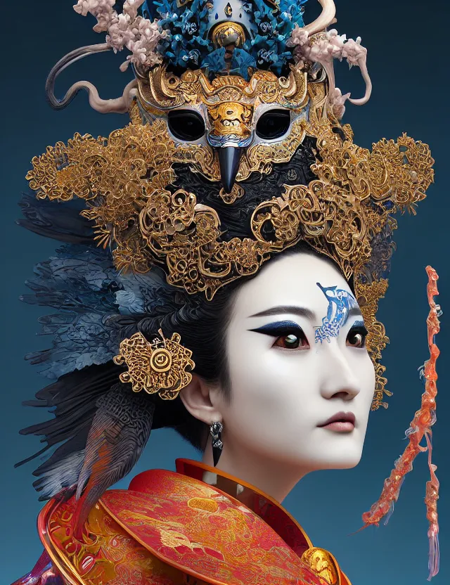 Image similar to 3 d goddess close - up profile portrait with crown, ram skull. beautiful intricately detailed japanese crow kitsune mask and clasical japanese kimono. betta fish, jellyfish phoenix, bio luminescent, plasma, ice, water, wind, creature, artwork by tooth wu and wlop and beeple and greg rutkowski