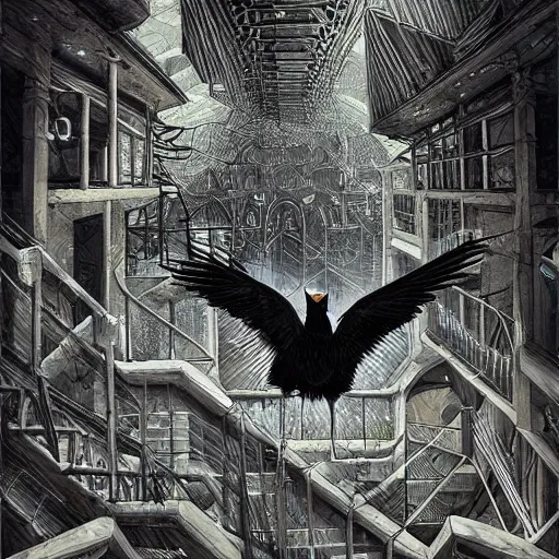 Image similar to crows at a architectural complex with an occult witch by Android Jones and M. C. Escher collaboration, futurist, digital art, dramatic lighting, symbolic