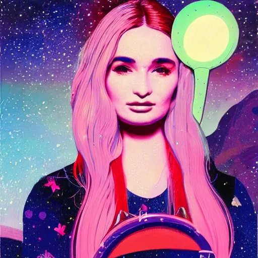 Image similar to a highly detailed and accurate pulp portrait of kim petras in space, 1 9 7 0 s, space station, neon light, delicate embellishments, woman art, painterly, offset printing technique