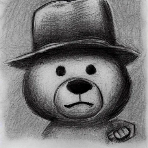 Prompt: suspicious teddy bear wearing a fedora, sneaking, looking around, in an alley, pencil sketch, black and white