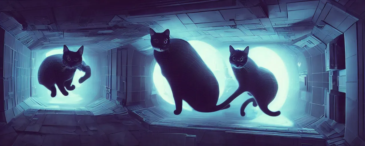 Image similar to duotone noir scifi concept illustration of 3 d mesh of cat inside box zero gravity glowing 3 d mesh quantum portals, glowing eyes, octane render, surreal atmosphere, volumetric lighting. accidental renaissance. by sachin teng and sergey kolesov and ruan jia and heng z. graffiti art, scifi, fantasy, hyper detailed. trending on artstation