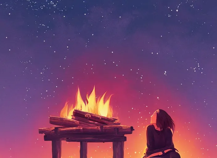 Prompt: woman sitting next to a campfire, cozy, night sky, digital art, highly detailed face, portrait, by conrad roset, by wlop, anime style, octane render