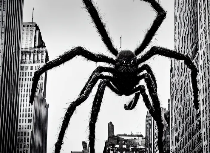 Prompt: photo of a giant spider creature attacking new york city, wide angel shot 50mm