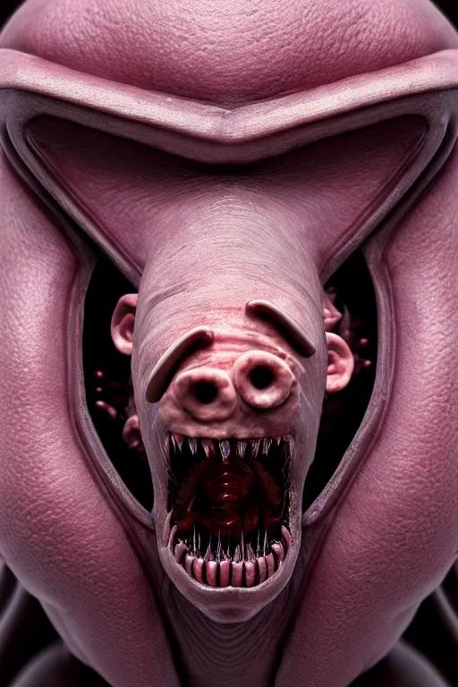 Prompt: skin concept, pig, biopunk, threes, teeth, many details, crystals, guyver style, 3 d, cinematic, hyper realism, high detail, octane render, art by hans giger