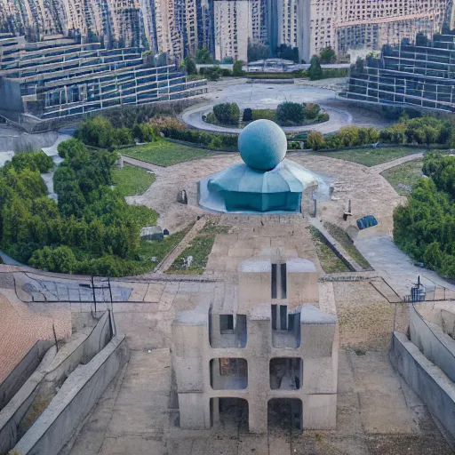 Image similar to aerial view of brutalist extensive monument ricardo bofill ( ( ( ( ( park ) ) ) ) ) spomenik with ( ( railings ) ) photo, 4 k