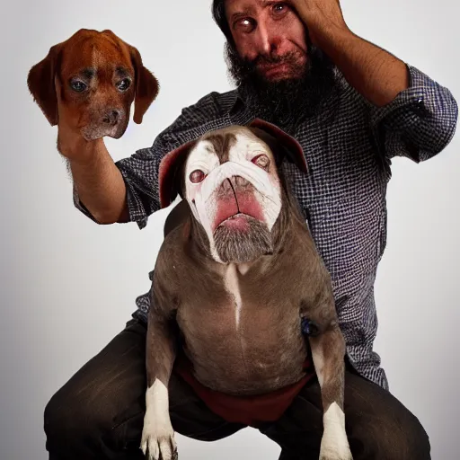 Image similar to worlds ugliest man with his ugly dog, studio photography