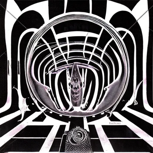 Image similar to post - punk new age album cover, magic, apocalypse, psychedelic, black white pink, magic, giger h. r.