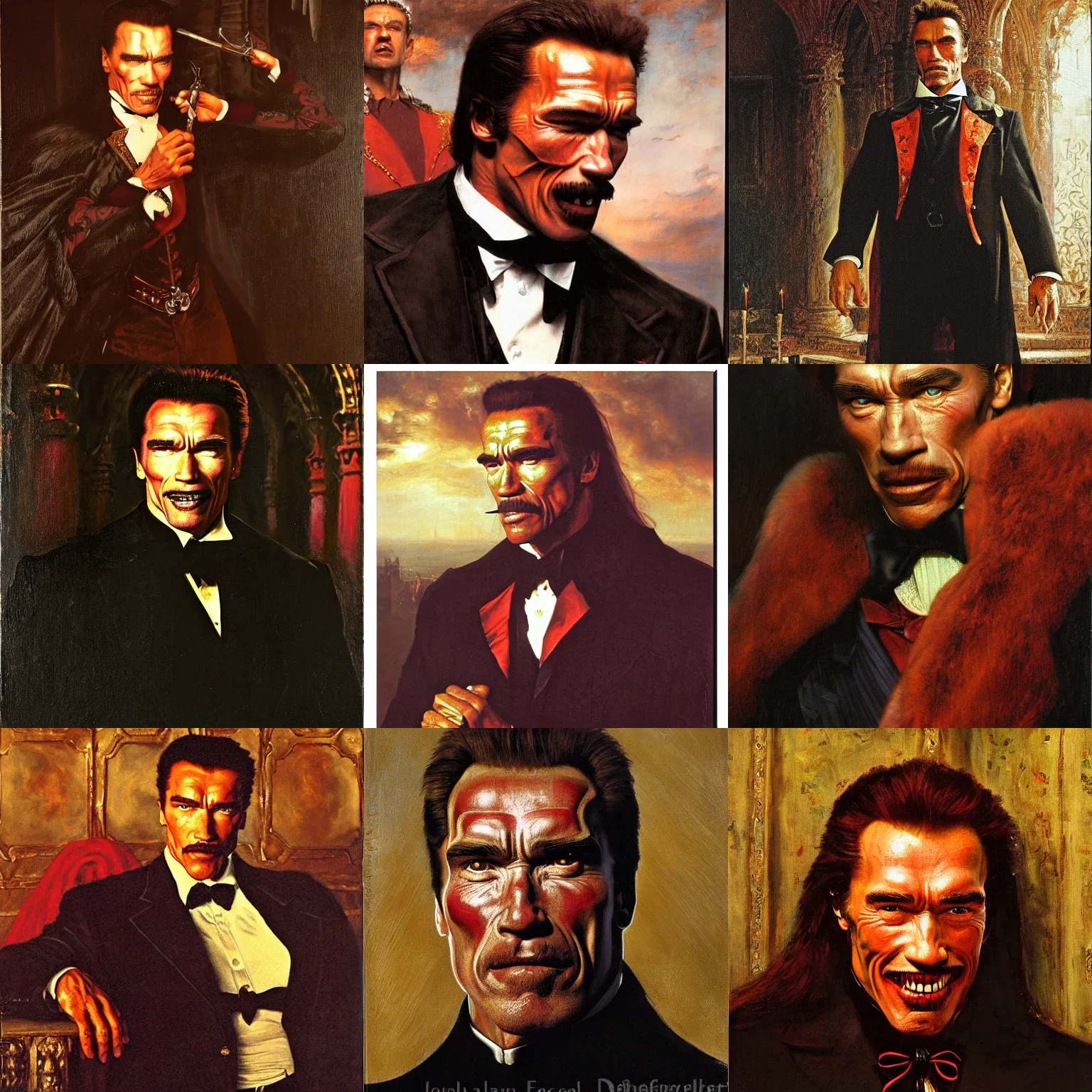 Prompt: detailed portrait of arnold schwarzenegger is dracula the vampire by rudolf ernst, john frederick lewis, jean - leon gerome, rudolf weisse, david roberts, charles theodore frere, alfred dehodencq, orientalism