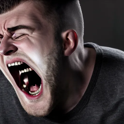 Image similar to incredible cinematic image of the face of a young angry man screaming and inside his mouth the same face screaming, studio shot, dynamic lighting, high definition, highly detailed, photo-realistic, unreal engine render, 16k