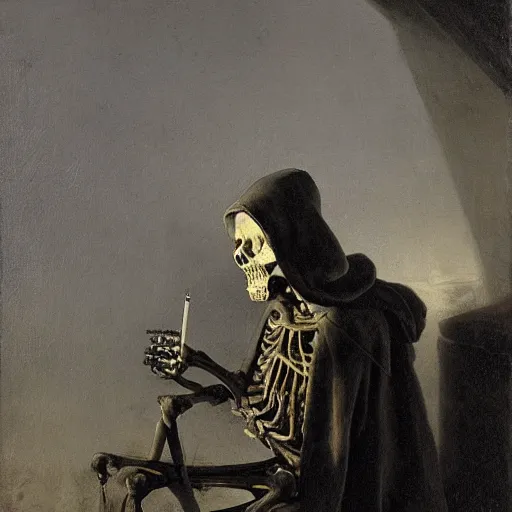 Prompt: a skeleton in a hoodie sitting on the street smoking a cigarette at night, Oil painting, atmospheric lighting, highly detailed Rembrandt van Rijn, Aert de Gelder, Esaias van de Velde