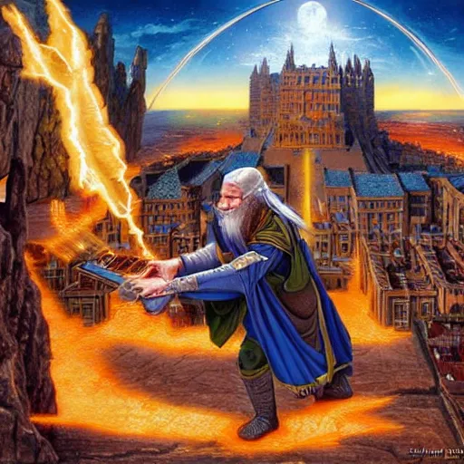 Prompt: a medieval wizard destroys his computer with magical energy, digital matte painting by david mattingly.