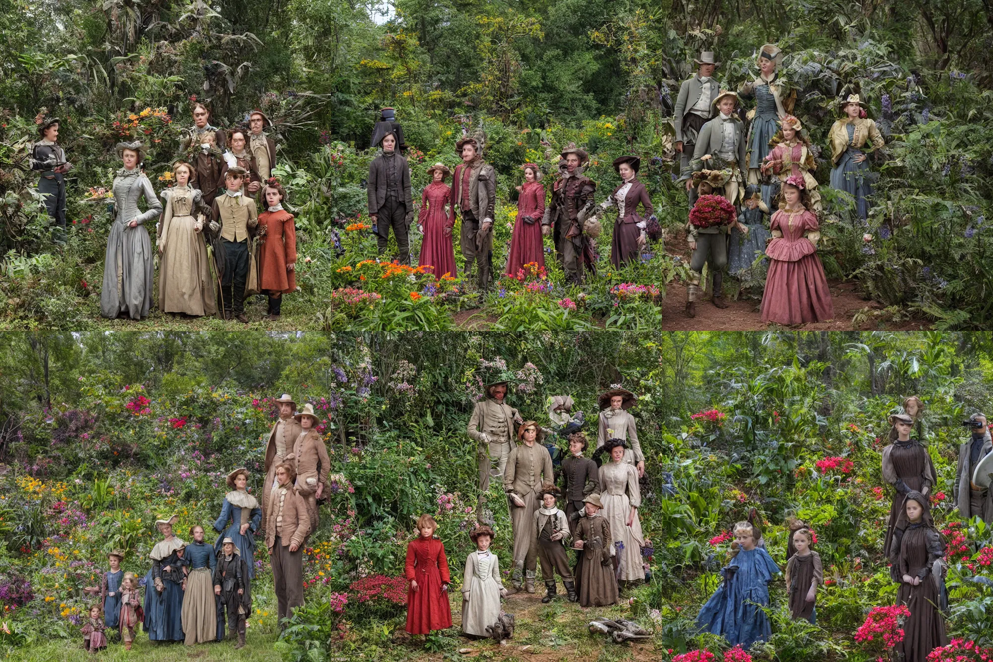 Prompt: sharp, highly detailed, 43456k film, 175000mm film still from a sci fi blockbuster color movie made in 2019, set in 1860, of a family standing in a park, next to some strange alien plants and flowers, on an alien planet, the family are all wearing 1860s era clothes, good lighting, ultra high definition, ultra enhanced faces, in focus, 35mm macro lens