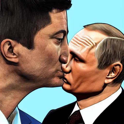 Image similar to Vladimir Putin kissing Zelensky in gta art style