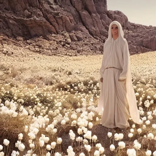 Prompt: The full body shot of beautiful pale woman with white flowers and full-face golden mask in a rocky desert landscape, multiple eyes by Denis Villeneuve, Lubezki, Gaspar Noe and Christopher Doyle, anamorphic lens, anamorphic lens flares, kodakchrome, cinematic composition, practical effects, award winning photo, 8k