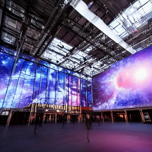 Image similar to high quality professional canon wide - angle lens photo of large scale immersive public art installation inside printworks london venue width large led screen on top, mirror on floor and big sphere for video projection on center. stage design by es devlin. installation about deep nebula space and proto planet.