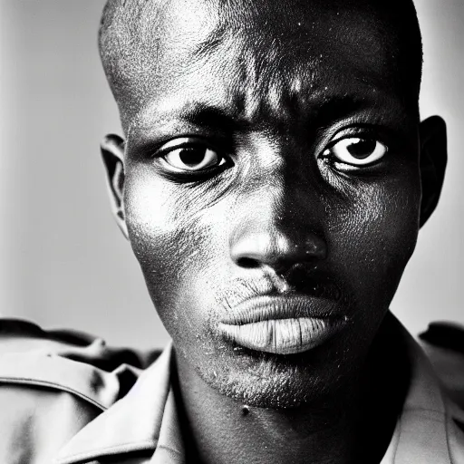 Image similar to black and white photo, portrait of rwandan soldier by richard avedon, realistic, Leica, medium format, cinematic lighting, parallax, high resolution,