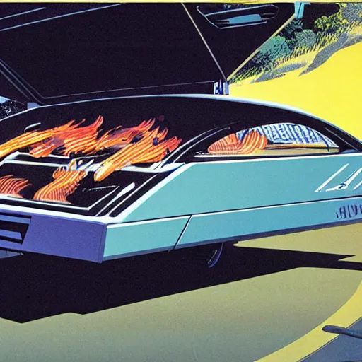 Image similar to concept art for a car with built - in bbq pit, illustrated by syd mead, high quality