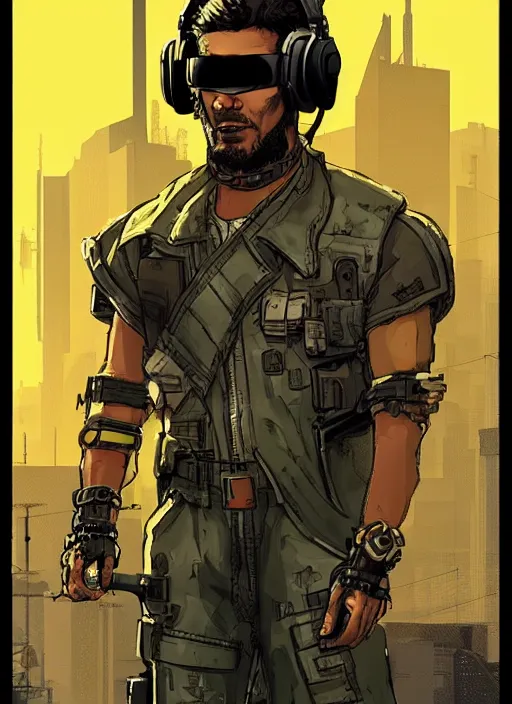 Image similar to Menacing Hector. buff cyberpunk mercenary wearing a cyberpunk headset, military vest, and pilot jumpsuit. square face. Concept art by James Gurney and Laurie Greasley. Moody Industrial skyline. Exaggerated proportions. ArtstationHQ. Creative character design for cyberpunk 2077.