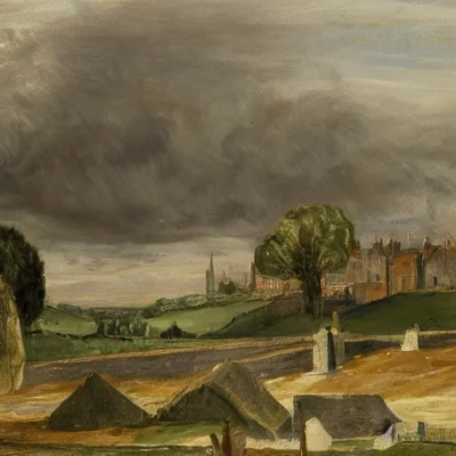 Prompt: English town being sacked by Normans, matte painting, by John Constable and Paul Nash