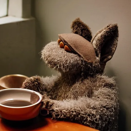 Image similar to a fluffy brown rabbit muppet wearing monk garb and a wolf skull as a mask and sat beside a cup of tea, photorealistic, nature, photography, national geographic, sesame street