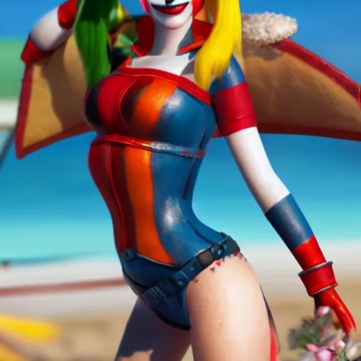 Image similar to harley quinn at the beach 4 k detailed super realistic