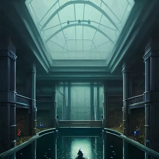 Prompt: professional ominous concept art architecture of a dark room with an indoor pond by artgerm and greg rutkowski. an intricate, elegant, highly detailed digital painting, concept art, smooth, sharp focus, illustration, in the style of simon stalenhag, wayne barlowe, and igor kieryluk.