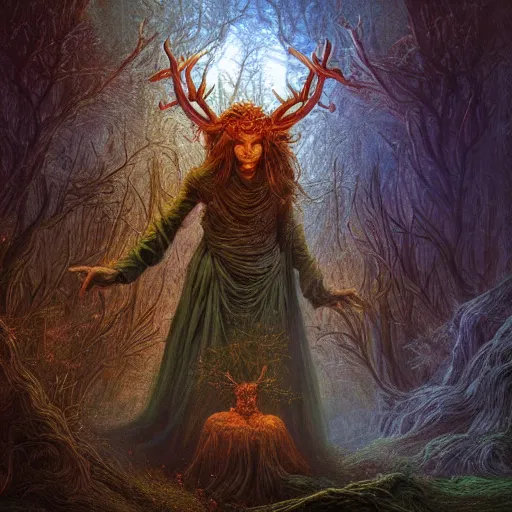 Prompt: Photorealistic demon god standing in an enchanted magical forest in the style of Michael Whelan and Gustave Dore. Hyperdetailed photorealism, 108 megapixels, amazing depth, glowing rich colors, powerful imagery, psychedelic Overtones, 3D finalrender, 3d shading, cinematic lighting, artstation concept art