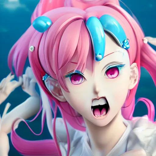 Image similar to stunningly beautiful omnipotent megalomaniacal anime goddess who looks like junko enoshima with symmetrical perfect face and porcelain skin, pink twintail hair and mesmerizing cyan eyes, looking down upon the viewer and taking control while smiling in a mischievous way, mid view from below her feet, hyperdetailed, unreal engine 5, octane render, 8 k