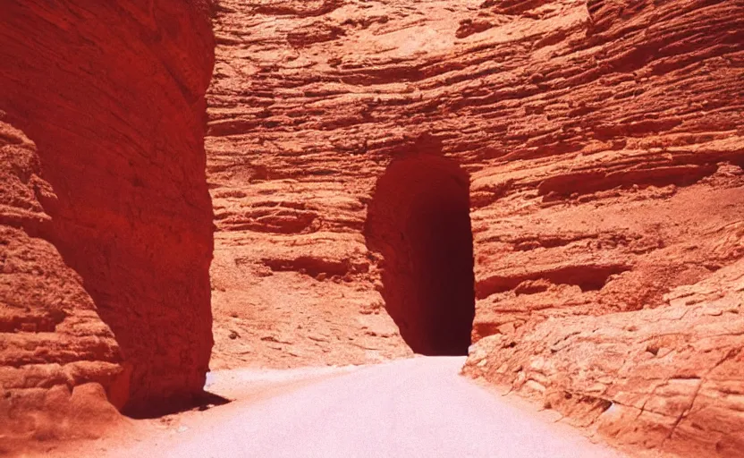 Prompt: high quality movie still of an infinite tunnel in the desert with giant deep wall, Cinestill 800t, heavy grainy picture, very detailed, high quality, 4k panoramic