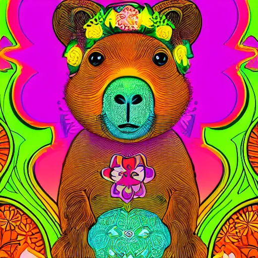 Image similar to beautifully ornate art nouveau opart glowing chunky baby capybara neon wearing a flower crown with mushrooms with flower mandala in background poster art by victor moscoso and gilbert shelton, saturated bright pink orange and green, 8 k, artstation