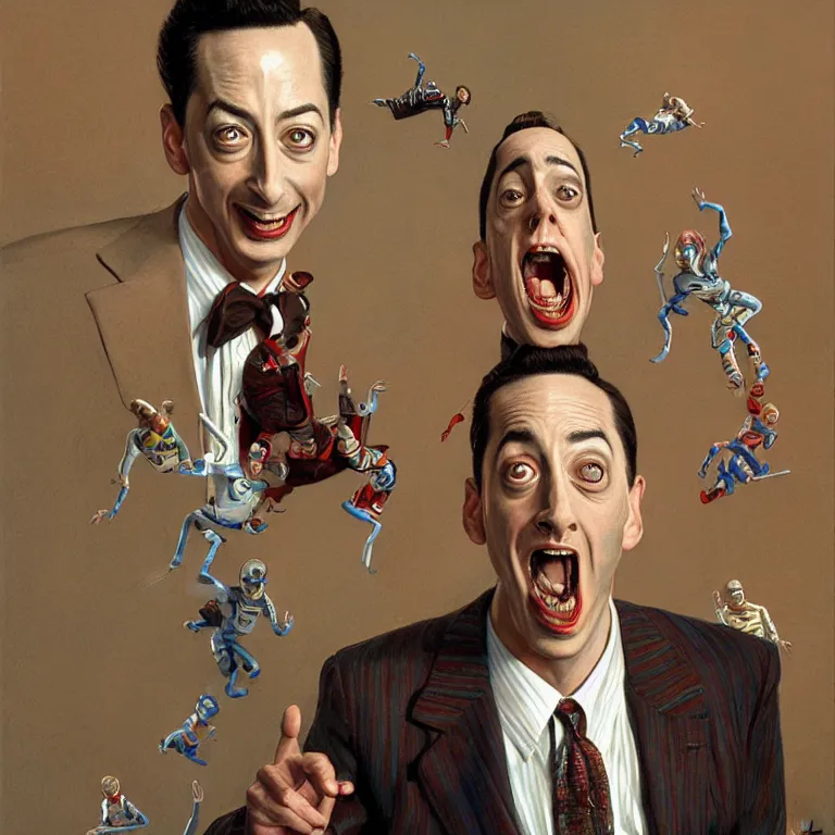 Prompt: Portrait of pee-wee herman leaping to the side, highly detailed, digital painting, artstation, concept art, illustration, dramatic lighting, art by donato giancola