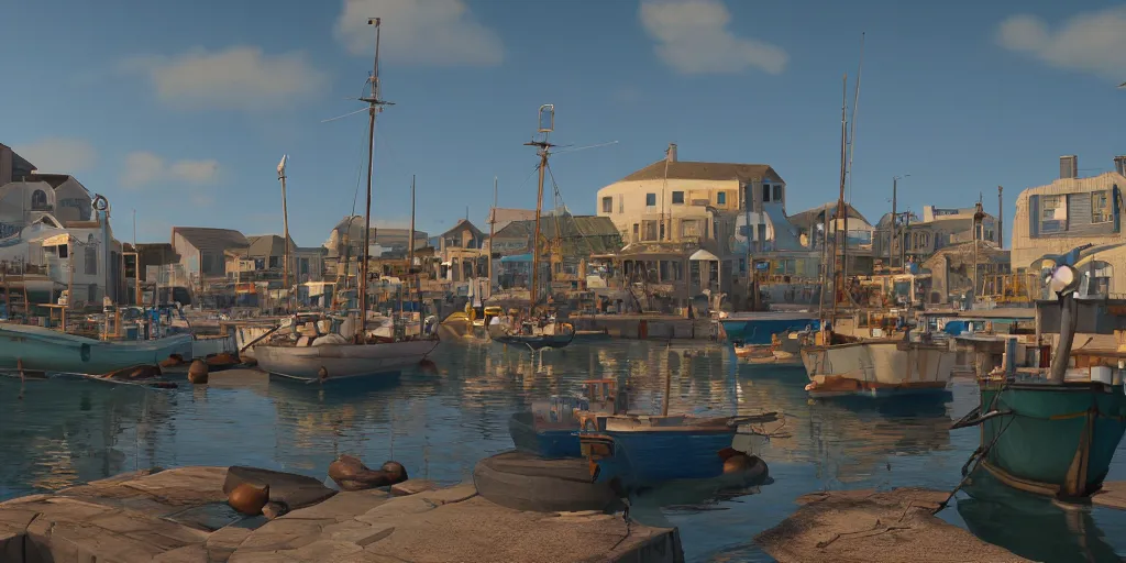 Image similar to a film still of fishing harbour in a small South African seaside town of Paternoster, medium shot, waist up, studio Ghibli, Pixar, Disney and GOBELINS animation, painterly, Rendered in Unreal Engine 5, anime key art by Greg Rutkowski, Bloom, sunrise dramatic lighting