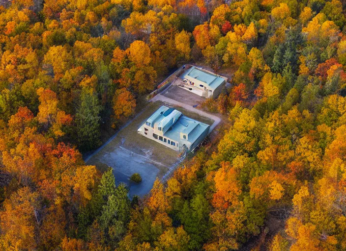 Image similar to low drone shot of a ranch style Juvenile Detention Center middle of the Woods during autumn