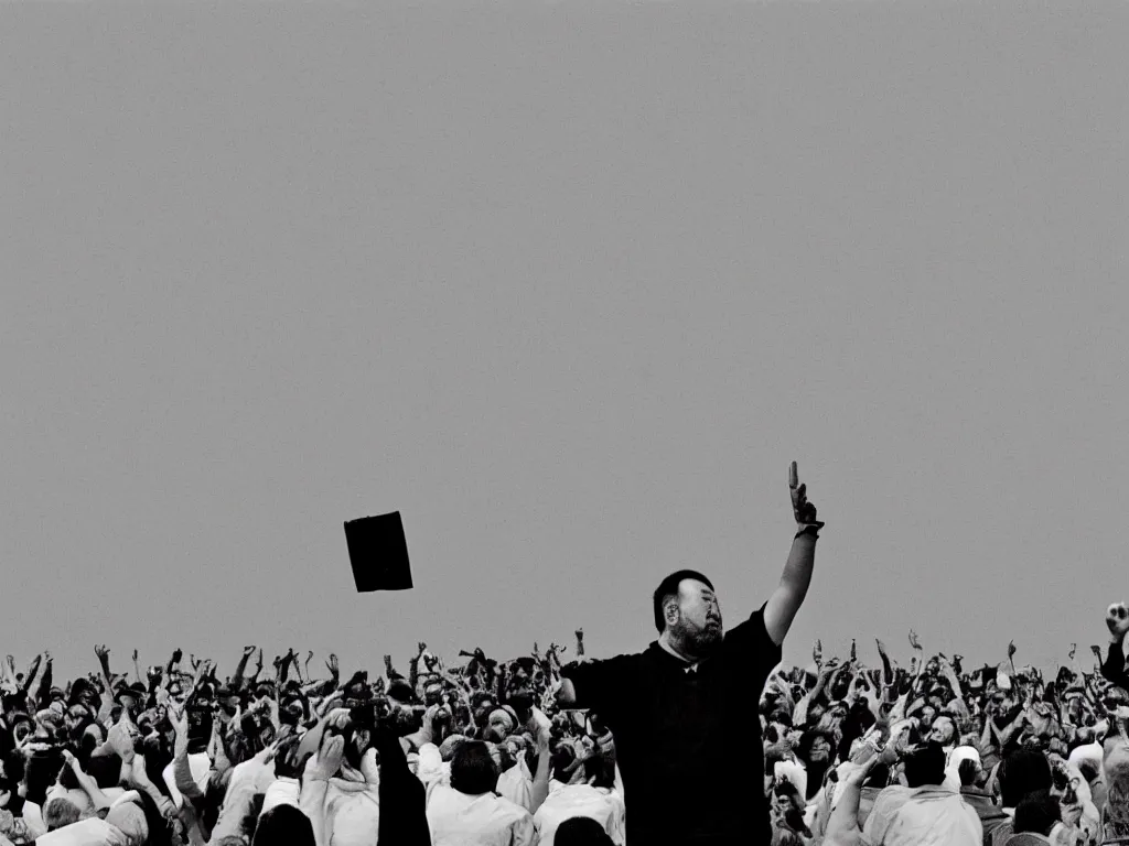 Prompt: ai weiwei a study in perspective black and white photograph arm outstretched giving the middle finger to a famous monument