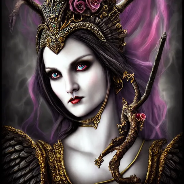 Image similar to perfectly centered close up portrait, candid photography, goddess of death, by anne stokes, updo, highly detailed, accurate