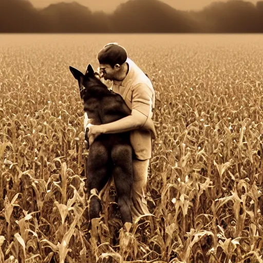 Image similar to a humanoid german shepherd beast - man hugging his friend in a corn field vintage sepia detailed 8 k