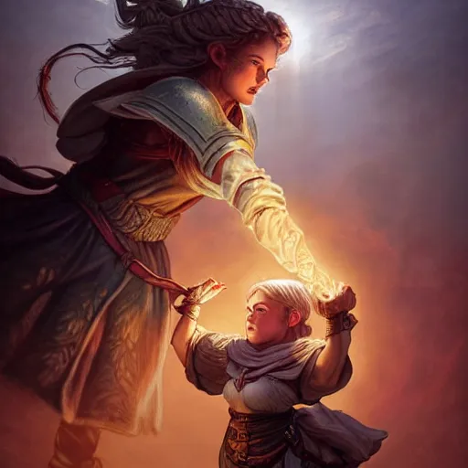 Prompt: full body portrait of a female halfling hobbit monk fistfighter warrior, communing with her goddess of mist and light, flowing robes and leather armor, detailed dynamic light painting by albrecht anker and peter mohrbacher