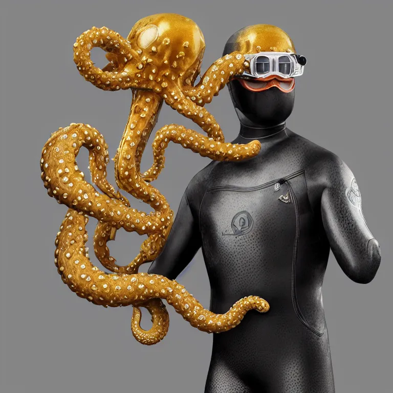 Prompt: octane render portrait by wayne barlow and carlo crivelli and glenn fabry, subject is a man in a wet suit with goggles with giant long golden octopus tentacles coming out of their mouth, cinema 4 d, ray traced lighting, very short depth of field, bokeh