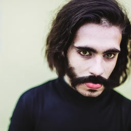 Prompt: young man, long hair, short facial hair, no mustache, dark green eyes, dark eyebrows, light widows peak light facial hair, canon eos r 3, f / 1. 4, iso 2 0 0, 1 / 1 6 0 s, 8 k, raw, unedited, symmetrical balance, in - frame