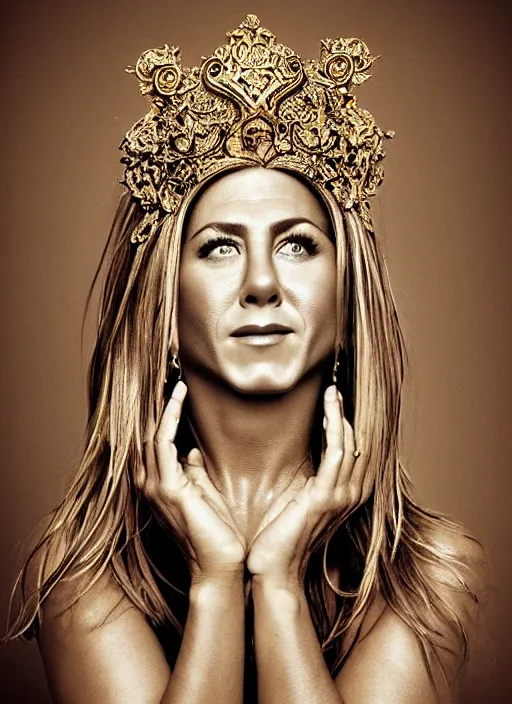 Image similar to a portrait of jennifer aniston by stefan geselle and nekro borja, photorealistic, intricate details, hyper realistic, fantasy, elegant, baroque gold headpiece, photorealistic, canon r 3, photography, wide shot, symmetrical features, symmetrical pose, wide angle shot, head to toe, standing pose, feet on the ground, wearable art