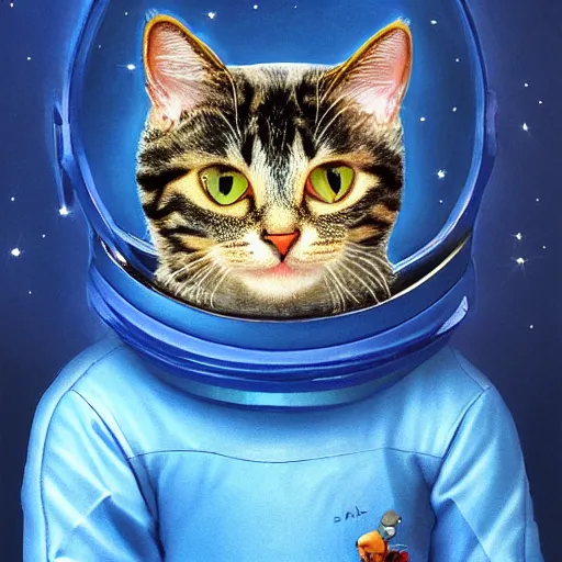 Image similar to head and shoulders masterpiece portrait of a cute adorable cat wearing a blue spacesuit, surreal background, digital art, by hieronymus bosch, trending on artstation, cgsociety,