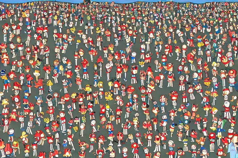 Image similar to an elaborate penned child illustration of a convention of waldo's in new york city and central park, where's wally, where's waldo, by martin hand ford and by jan van haasteren