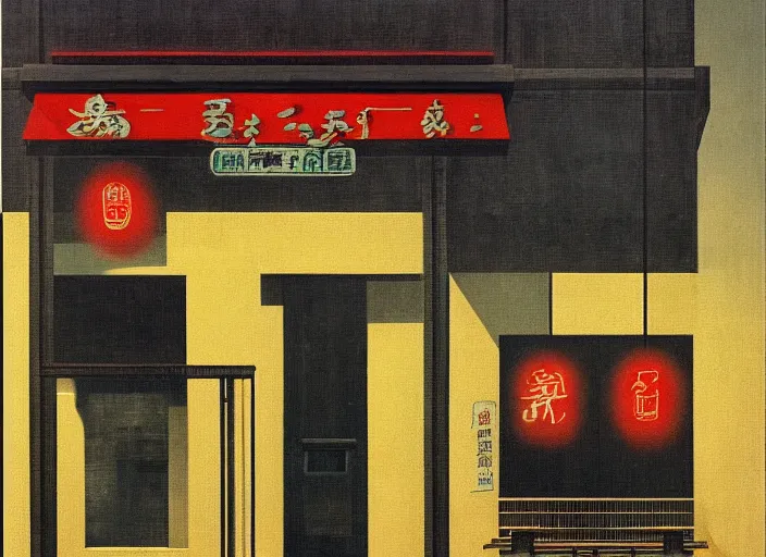 Prompt: exterior of an open cyberpunk ramen place during a rainy night by rene magritte